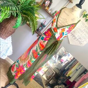 Plus Size Tropical One Piece Plunge Bathing Swim Suit w/ Self Tie Sarong